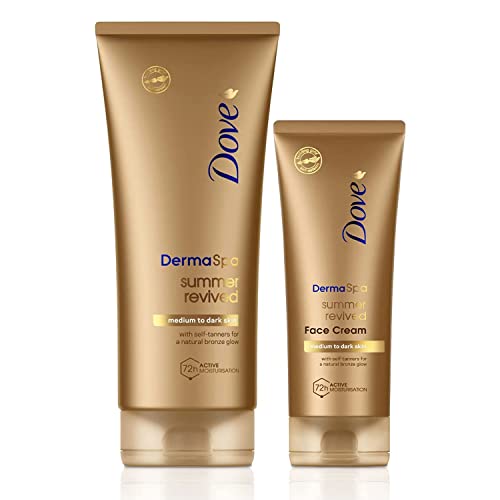 Dove Unilever DermaSpa Body Lotion Summer Revived Self-Tanning Medium to Dark 200ml with Dove Derma Spa Face Cream Summer Revived Medium to Dark 75ml 2 Piece Set