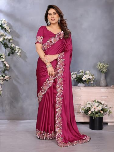 Image of Pandadi Saree Women's Satin Embroidery Work Saree With Unstitched Blouse Piece
