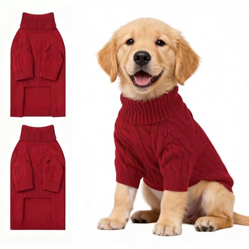 Image of Small Dog Thermal Pullover Sweater, Classic Turtleneck Cable Knitwear Dog Clothes for Cold Weather Warm Pet Clothes for Chihuahua, Bulldog, Dachshund, Pug Red XX-Large