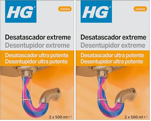HG Desatascador Extreme, Potente Desatascador de Desagües y Cañerías, Desbloquea Fregaderos de Cocina y Baño, Elimina los Atascos y Tapones de Pelo en el Baño, Producto HG - 2 x 500 ml (Paquete de 2)
