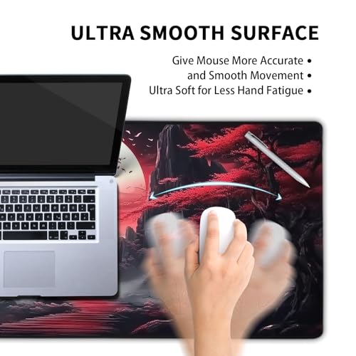 Image of Black Red Japanese Mouse Pad XL Moon Sakura Cherry BLoosm Tree Extended Table Mat 80X30 cm Non-Slip Rubber Base Stitched Edge Large XL Mousepad for Desk Gaming Laptop Desk Top,31.5x11.8 Inch