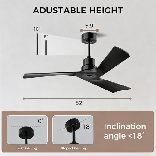 Image of Obabala Ceiling Fan 52 Inch with Remote, Solid Wood Blades DC Motor 5000 CFM Quiet 35dB, Reversible 6 Speed Modern Farmhouse for Bedroom Living Room Indoor Outdoor, No Light with Downrod