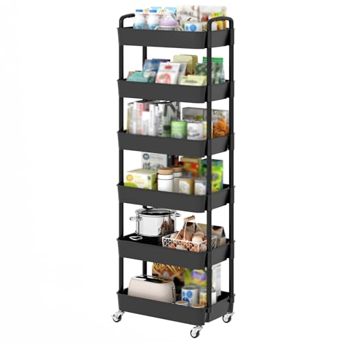 Image of Sywhitta 6-Tier Plastic Rolling Utility Cart with Wheels for Storage,Black
