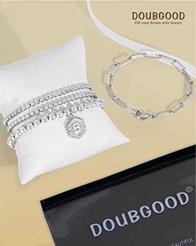 Doubgood Silver Beaded Bracelets For Women, Stackable Silver Bracelets For Women Men Stretch Silver Bead Ball Bracelet With Letter Pendant S #TOP6