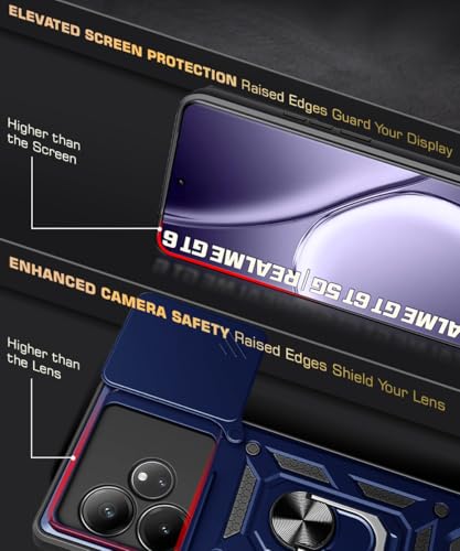 Image of WOW IMAGINE Tough Armor Bumper Mobile Back Case for Realme GT 6T 5G | Realme GT 6 | Sliding Camera Shield Cover | Shock Proof 360 Protection | Hybrid PC + TPU | Ring Holder with Kickstand - Blue