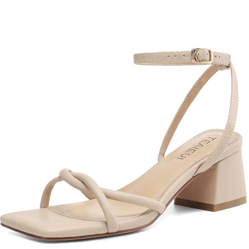 Image of TEAIEUI Chunky Heels for Women, Square Open Toe Heeled Sandals, Strappy Ankle Strap Shoes for Dress, Party, Prom, Block Low Heel 2 inch