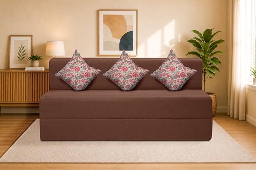 Image of Three Seater Sofa Cum Bed Jute Fabric 5 X 6 Ft| Space Saving Foldable Sofa Bed for Living Room & Guest Room | Comfortable Multi-Functional Furniture - Brown