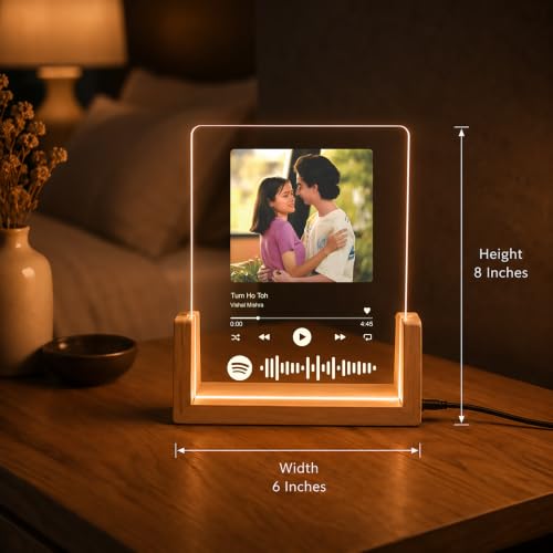 Image of Giftplease Custom Spotify Photo Frame with LED Light, Personalized Acrylic Music Plaque with Photo & Song QR Code, Wooden Base Night Lamp, Birthday, Anniversary, Valentine's | Husband, Wife, Mom, Dad