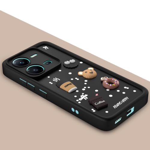 Image of Bintage Cute Fun Taddy Cartoon 3D Ball Bear Milk Donut Coffee Cup Silicon Case Full Body & Camera Protection Back Cover Compatible for Vivo Y35 - Black