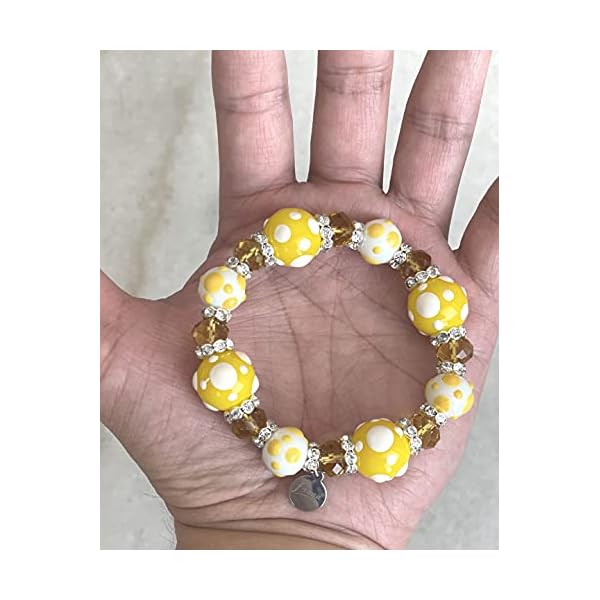 Linpeng-Glass-Beads-Polka-Dots-Bracelet-YellowWhite Linpeng PD-08 Fiona Hand Painted Polka Dots Glass Beads Stretch Bracelet, Yellow/White