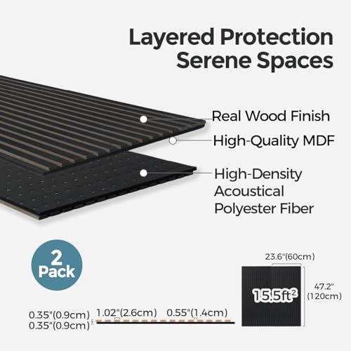 Image of AKUMAX Extra-Thick 0.7 inch Wood Slat Acoustic Wall Panels, 2 Pack 47.2 inch x 23.6 inch, 15.5 ft, NRC 0.80 Sound Absorbing 3D Slat Wall Paneling with Real Wood Veneer, E0 MDF and PET Felt, Black Oak