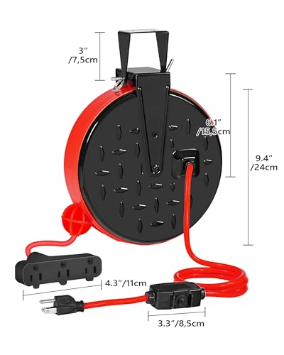 Carrete de cable de extensión retráctil con 3 tomas y disyuntor de 10A 8