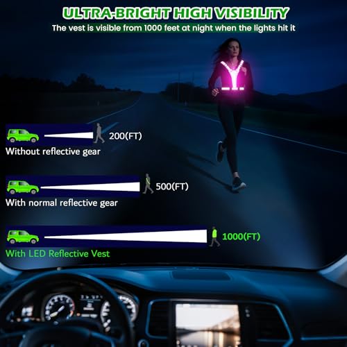Samlior LED Reflektierende Laufweste, 5 Farben 3 Lichtmodi Wiederaufladbare USB Lauflicht, LED Running Reflektoren, Verstellbare Leuchtweste für Laufen Gehen Radfahren in der Nacht (Rosa)