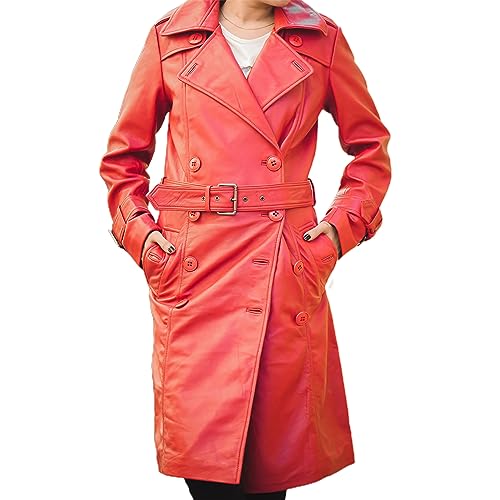 Jild Double Breasted Premium Leather Trench Coat for Women - Classic Lapel Car Coat Style Long Leather Jacket Women with Belt