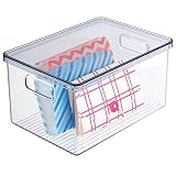 mDesign boîte de rangement pour le bureau – bac de rangement ouvert en plastique robuste – boîte plastique avec couvercle et poignée pour fournitures et accessoires de bureau – transparent/gris clair