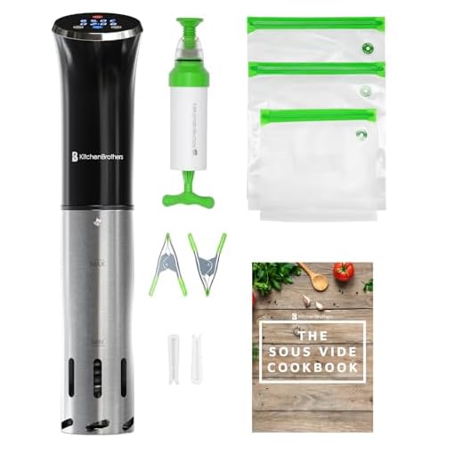 KitchenBrothers Sous Vide Cirkulator Stav - Komplett Paket med Tillbehör och Kokbok - 0 till 95 ℃, Justerbar per 0,2 ℃ - Timerfunktion - Alarm - 1200 W - 5 till 12 L Kapacitet