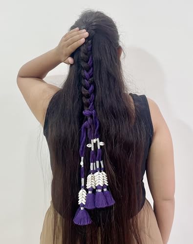 Image of Zippy Flora Handmade Boho Parandi | Traditional Hair Accessory with Tassles & Shells | Hair Extension | Choti |Women's Patiala Shahi Paranda | Soniya Parandi (Dark Purple) | 22 Inches Length
