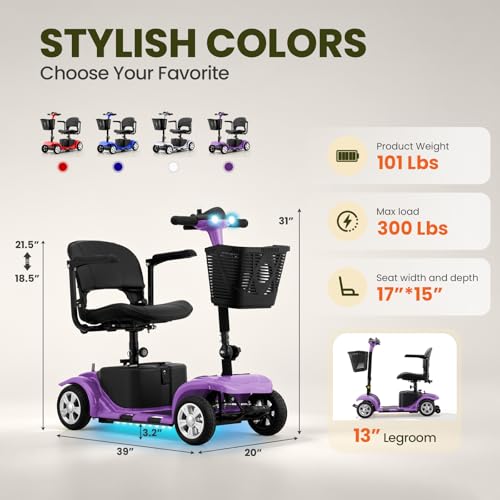 Image of Mobility Scooter for Adults, Senior, 4 Wheels Electric Powered Chargeable Device for Travel, Lightweight Mobility Scooter with LED Headlights and Basket, Charger Included