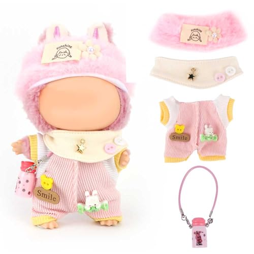 WALLFID Puppenkleidung für Labubu, 4-teiliges Outfit-Set für 17 cm große Puppen, modisches Outfit mit Hut, Oberteil, Hos...