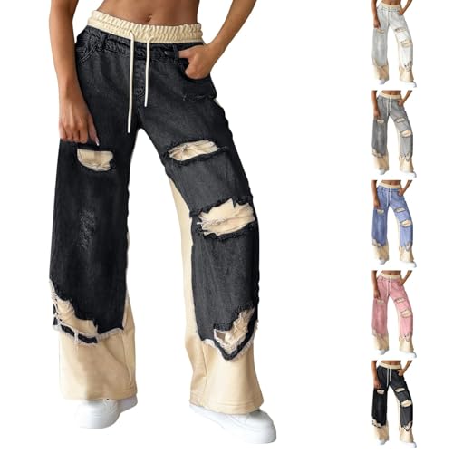 Women's Denim Trousers with Stitching and Ripped Design 2025 Summer Drawstring Elastic Waist Wide Leg Patchwork Jeans