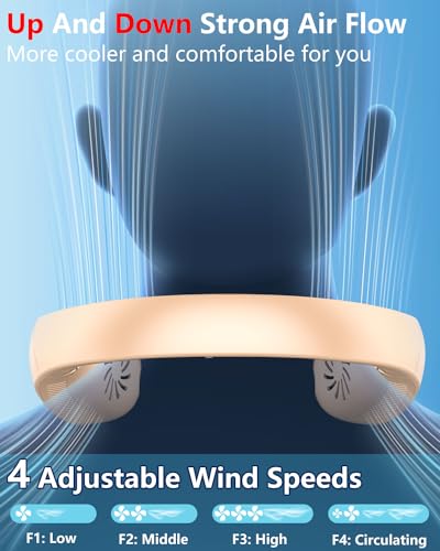 Image of Neck Fan that Blow Cold Air with Mist Spray, Rechargeable with Long Battery Powered, Foldable Water Cooler with LED Display, Leafless Necklace Fans for Women Adult Hot Flashes Summer Outdoor, Apricot
