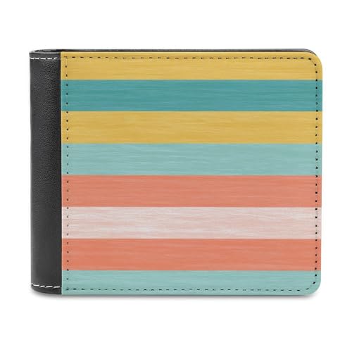 Color Horizontal Stripes Coral Turquoise Yellow Soft PU Leather Bifold Wallet, Coin Purse Credit Pass Case, Durable Card-Holder Slim Billfold for Men Woman Money Storage