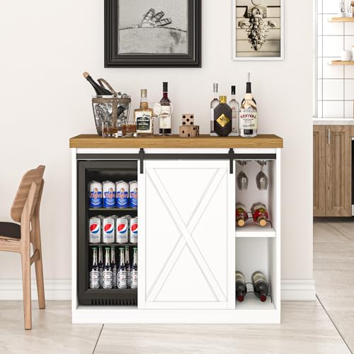 Image of 49.2 inch Coffee Bar Cabinet with Mini Fridge Space, Farmhouse Wine Bar Cabinet with Barn Doors, Fridge Cabinet with Power Outlet, Wine Rack, Glass Holder for Kitchen Dining Room Living Room, White