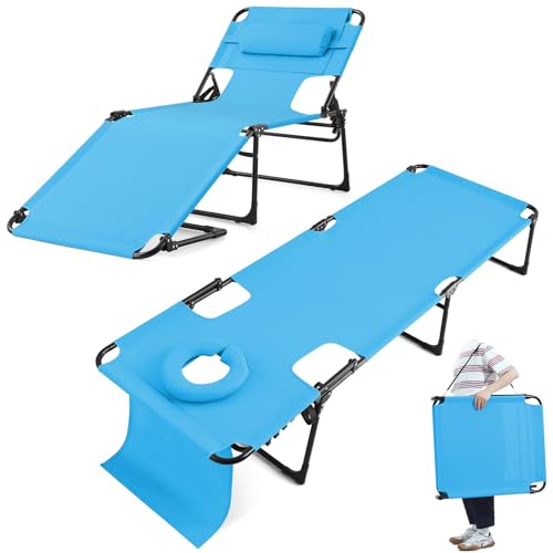 KING BIRD Tanning Chair with Face Hole, 5-Position Folding Outdoor Beach Lounge Chair for Sunbathing, Portable Reclining Chaise Lounge for Pool, Patio