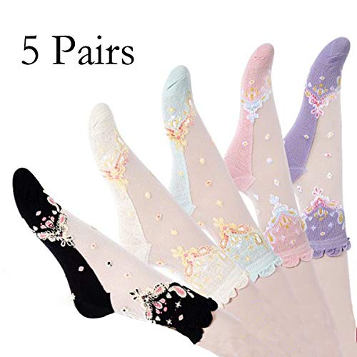 DXYAKY 5 Pairs Womens Candy Sheer Mesh Socks, Transparent Floral Lace Socks for Ladies Ankle Ruffle Fishnet Summer Stockings2