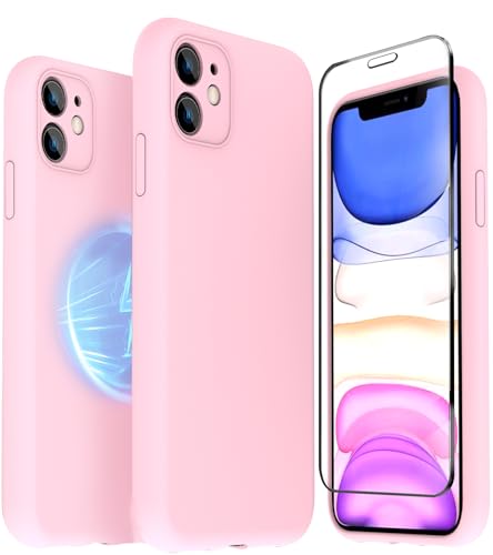 TZGZT Camera Protection for iPhone 11 Phone Case, [fits MagSafe Accessories] Magnetic Protective Cover with 2X Screen Protector, Women Case for iPhone 11, Silicone Pink3
