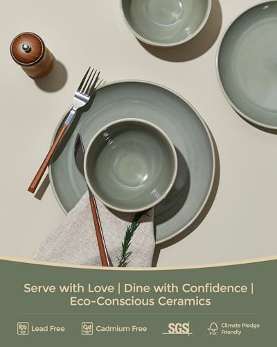 Image of 32 Piece Double Bowl Dinnerware Sets with Pasta Bowls, Highly Chip and Crack Resistant Plates and Bowls Sets, Natural Earthyware Ceramic Dishware Sets, Service for 8 Gradient Green