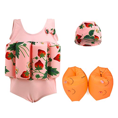 Wowelife Baby Float Suit with Arm Bands Toddler Floating Swimsuit with 8 Removable Buoyancy Sticks for Boys and Girls, 1-4 Years (Sweet Strawberry, L(Chest 24.5,Length 18.5inch))
