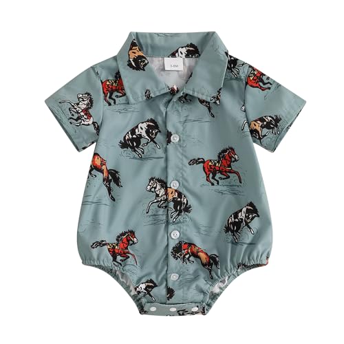 Image of KtwHarnu Newborn Infant Western Baby Boy Clothes Cowboy Button Down Dress Shirt Bubble Romper Bodysuit Country Style Outfit