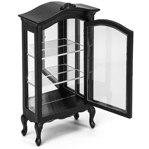 Dollhouse Miniature Curio Cabinet - 1/12 Scale Wooden Display Bookcase with Mirror & Three Shelves for Victorian Living Room, Tiny Antique Vintage...