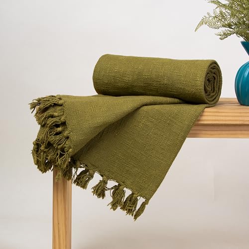 Image of Pure Cotton Hand Woven Sofa Throw | Handmade 50x60 Inch Solid Throw Blanket | Soft Throw for Living Room, Bed, Couch and Chair Throw | Reversible and Breathable (Olive-Green)-200 TC
