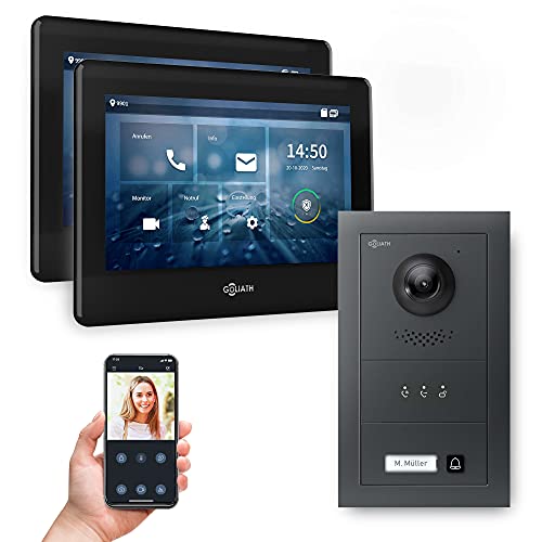 GOLIATH Full-HD Video Türsprechanlage, Unterputz Türstation in Anthrazit, 1 Familienhaus Set, 2X Touchscreen Monitor, 2 Draht Bus Gegensprechanlage, 2MP Kamera, 180° Weitwinkel-Kamera, AV-BUS-616