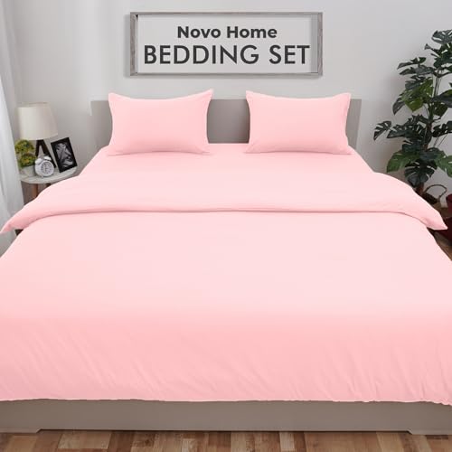 Novo Home Bedding Set King with Fitted Sheet, Duvet Cover & 2 Pillowcases - Baby Pink Microfibre 4 Piece Bed Set