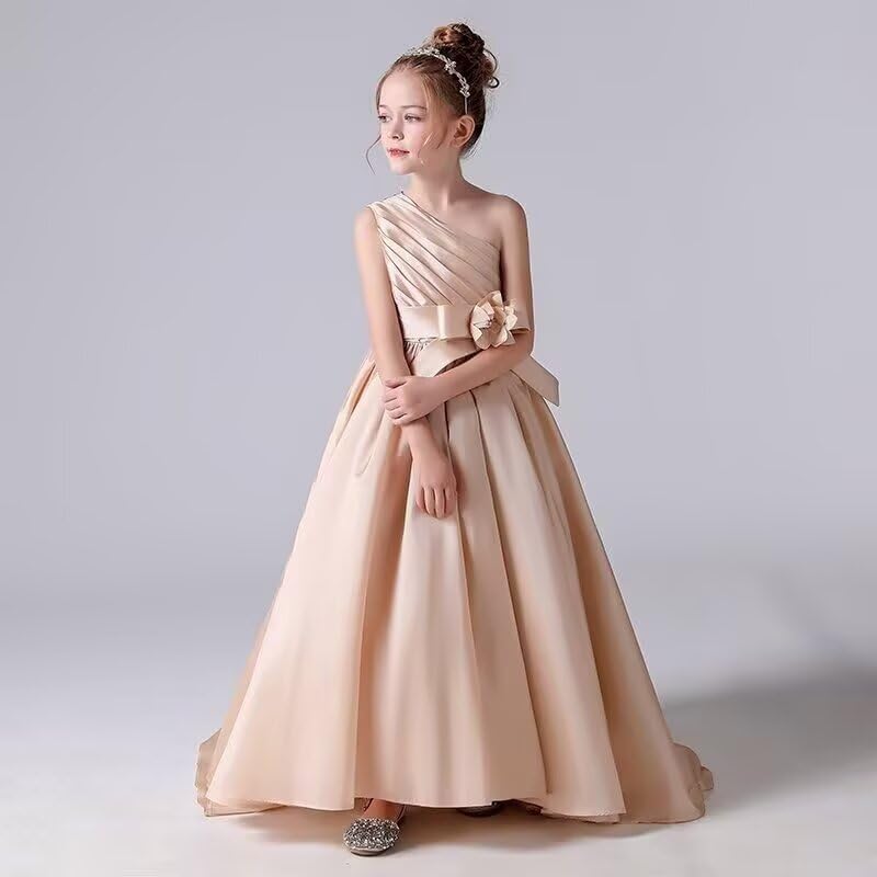 One Shoulder Flower Girl Dress with Bow Satin Pleated Pageant Dress Girls First Communion Dresses Party Ball Gown4