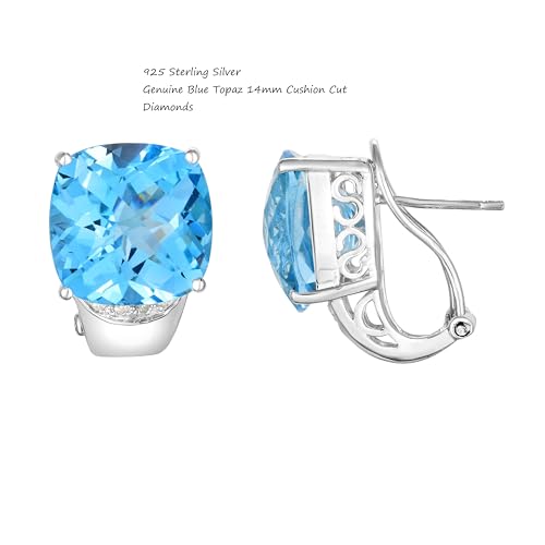 925 Sterling Silver 14mm Genuine Blue Topaz Diamond Accent Earrings, Cushion Cut2