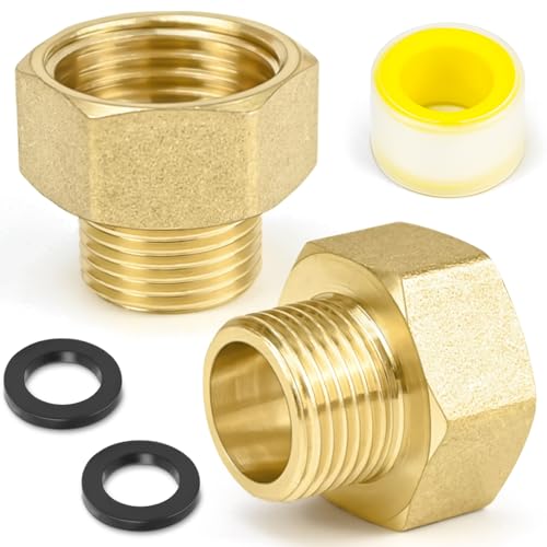 CONJURAIDE 2 Stück Reduzierung 1/2 auf 3/8 Messing Reduziernippel Reduzierstück 1/2 auf 3/8 Adapter Wasser Verlängerung mit Gewindedichtband und 2 Gummidichtung für Wasserleitungen