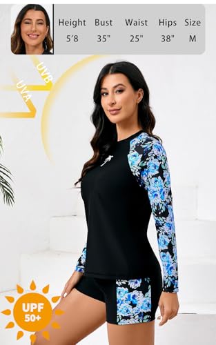Halcurt Women's Two Piece Rash Guard Swimsuit Long Sleeve UPF 50 Swim Shirt with Board Shorts2