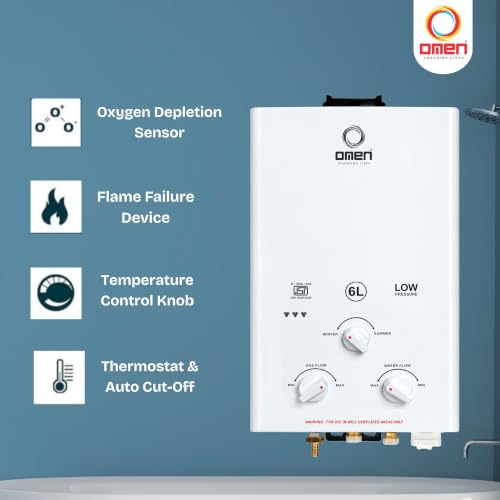 Image of Omen Changing Lives Elegant 6L LPG Gas Geyser | Instant Water Heater | Auto Ignition | Copper Heat Exchanger | Flame & Water Control | Summer-Winter Mode | Wall Mounted | 2-Year Warranty