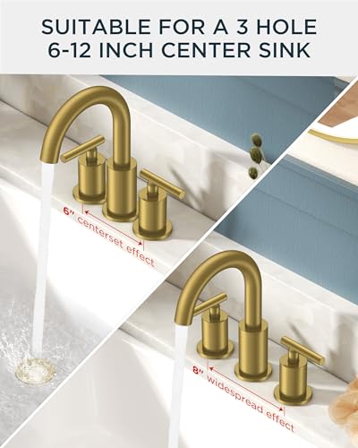 Image of FORIOUS 2 Pack 8 Inch Widespread Brushed Gold Bathroom Faucet 3 Hole, 2 Handle Gold Sink Faucet Bathroom Vanity with 360 Degree Swivel Spout, with Pop Up Drain and cUPC Supply Line