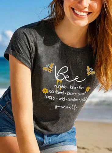 Women Cute Bee Graphic Tee Shirts Short Sleeve Inspirational Funny Letter Print Summer Loose Tee Tops2