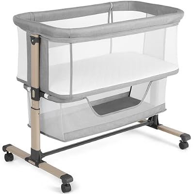Cowiewie Bassinet Bedside Sleeper, Portable, Breathable, Adjustable Baby Bedside Bassinet for Peaceful Nights, Light Grey