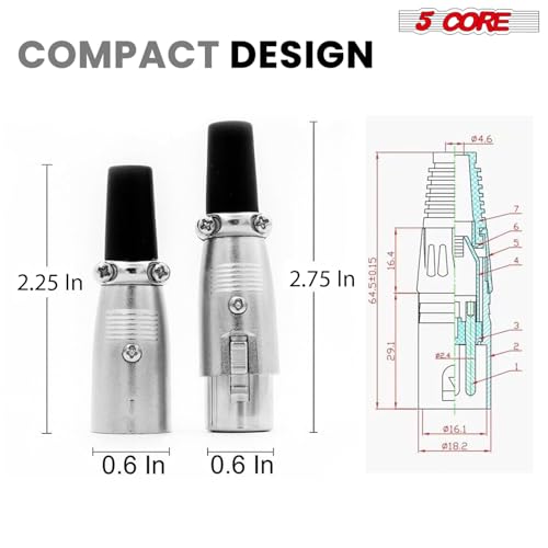 5 CORE XLR Connector 3-Pin Male & Female to 1/4" Audio Jack – Secure Microphone Cable Plug with Locking Ends for Mixer, Amp, Audio Interface – XLR 5 Pair