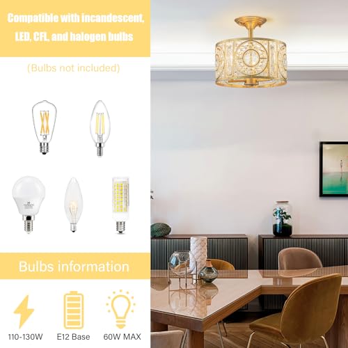 Image of Semi Flush Mount Chandelier for Dining Room, 3-Lights Vintage Crystal Round Chandelier, Gold Retro Semi-Flush Mount Ceiling Lights Fixture for Living Room Bedroom Kitchen Hallway Foyer