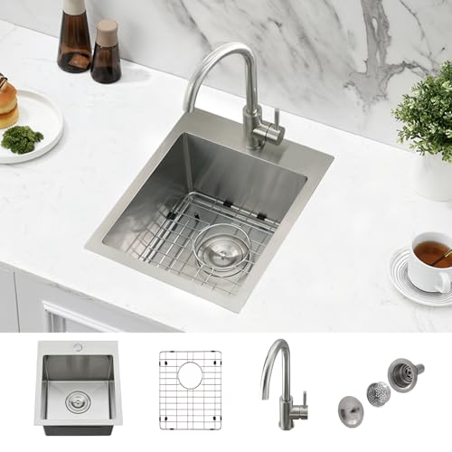 Jshozzy Drop in Bar Sink with Faucet, 13 x 15 Wet Bar Sink Drop in Small Top Mount Handmade Single...