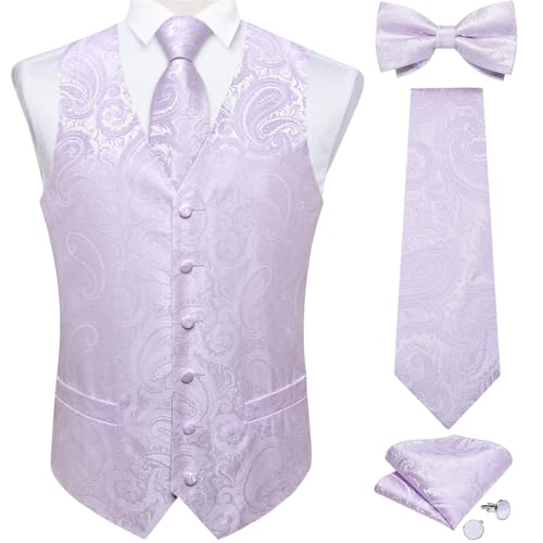 DiBanGu Men's Silk Paisley Vest and Necktie Set 6PCS Pre-tied Bow Tie Formal Waistcoat for Wedding Party