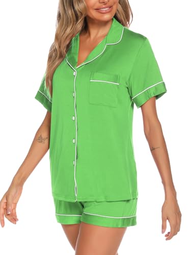 Image of Aamikast Button Up Pajama Set for Women Shorts Short Sleeve Knit Sleepwear 2 Pice Pjs Sets